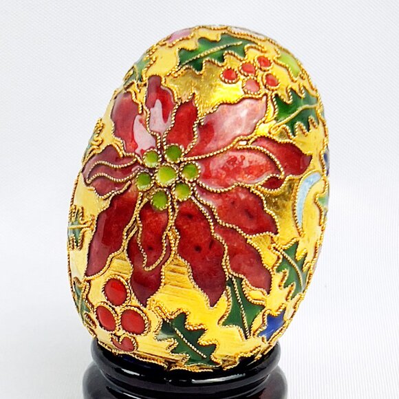 Cloisonne Enameled Brass Christmas Holiday Poinsettia Egg & Stand - Picture 6 of 7